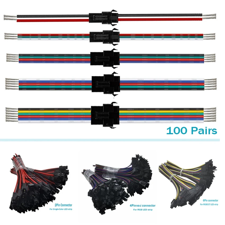 100pairs/lot 2/3/4/5/6pin Male and Female Connector DC5-24V For WS2812  5050 Individual Addressable RGB LED Strip Light