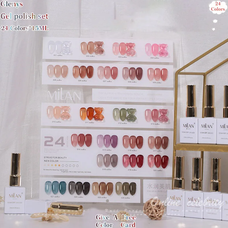 Glenys 24 color nail polish glue All network popular ice soaked gel color card UV LED nail salon art varnish learning set