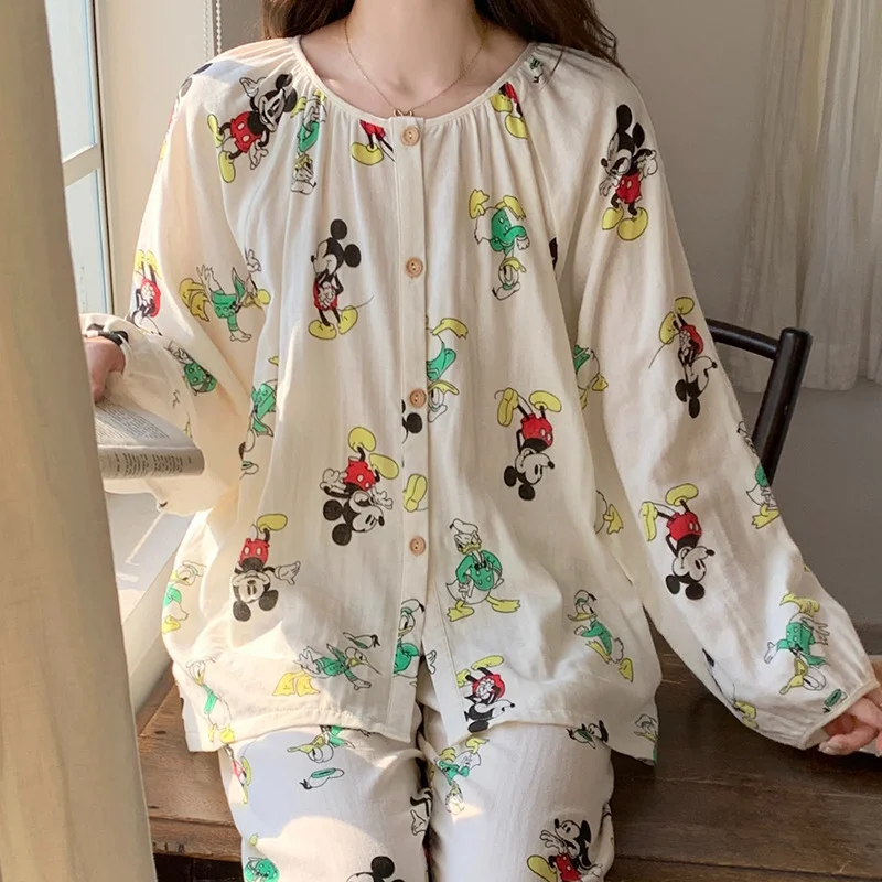 Disney Mickey autumn new pajamas women\'s cloud cotton crew neck cardigan Mickey cartoon sweet and comfortable girl loungewear