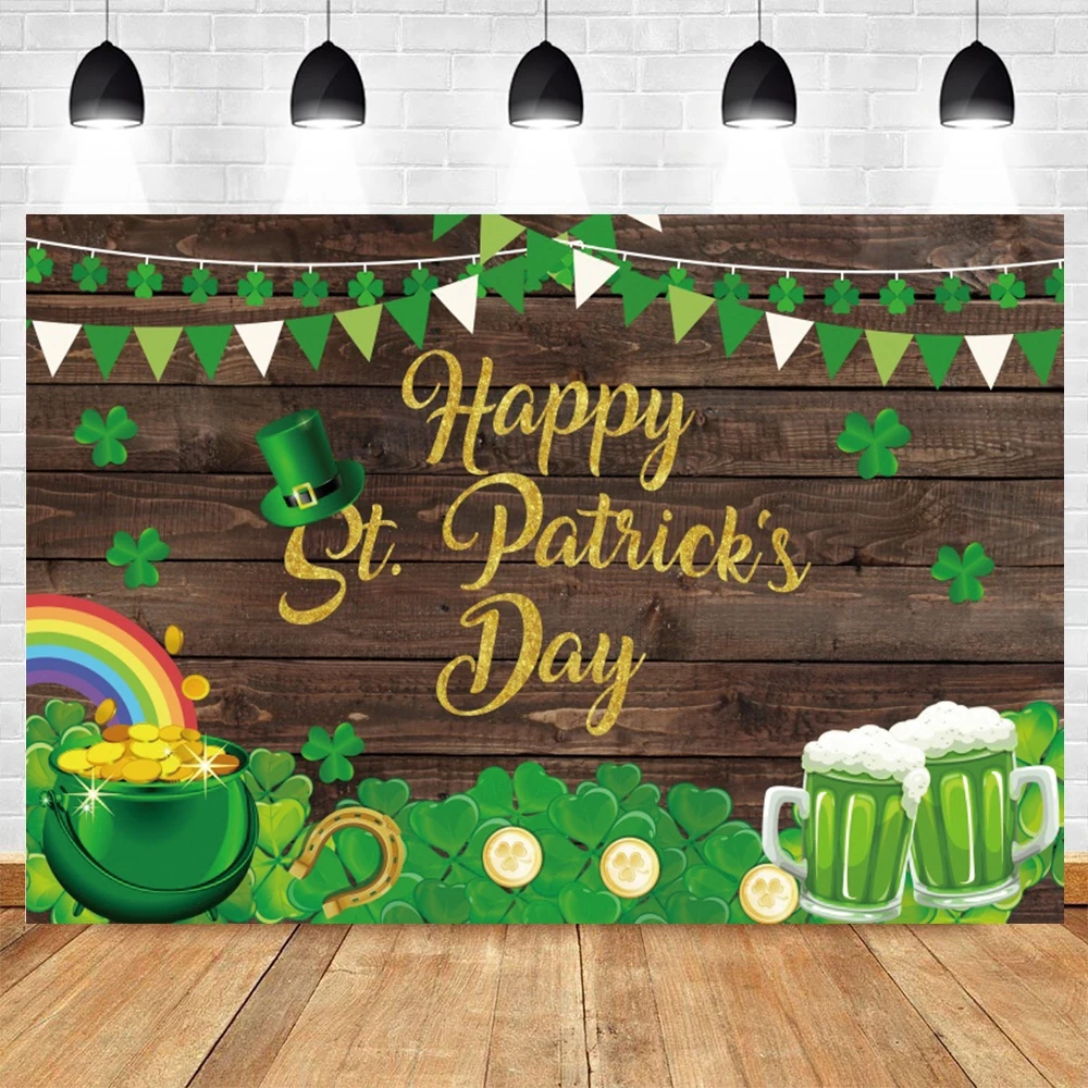 St. Patricks Day Photography Background Irish Rainbow Green Lucky Shamrock Clover Hat Gold Coin Party Backdrops Photo Studio