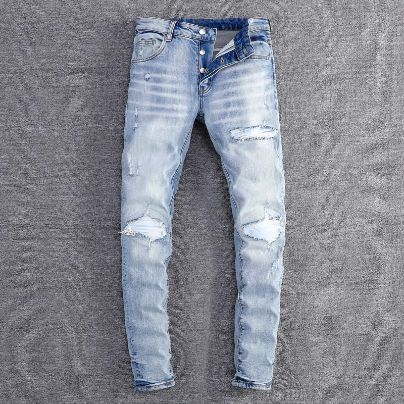 

Fashionable new light blue men's jeans stretch slim fit ripped white patch jeans high street hip-hop brand high-quality pants ho