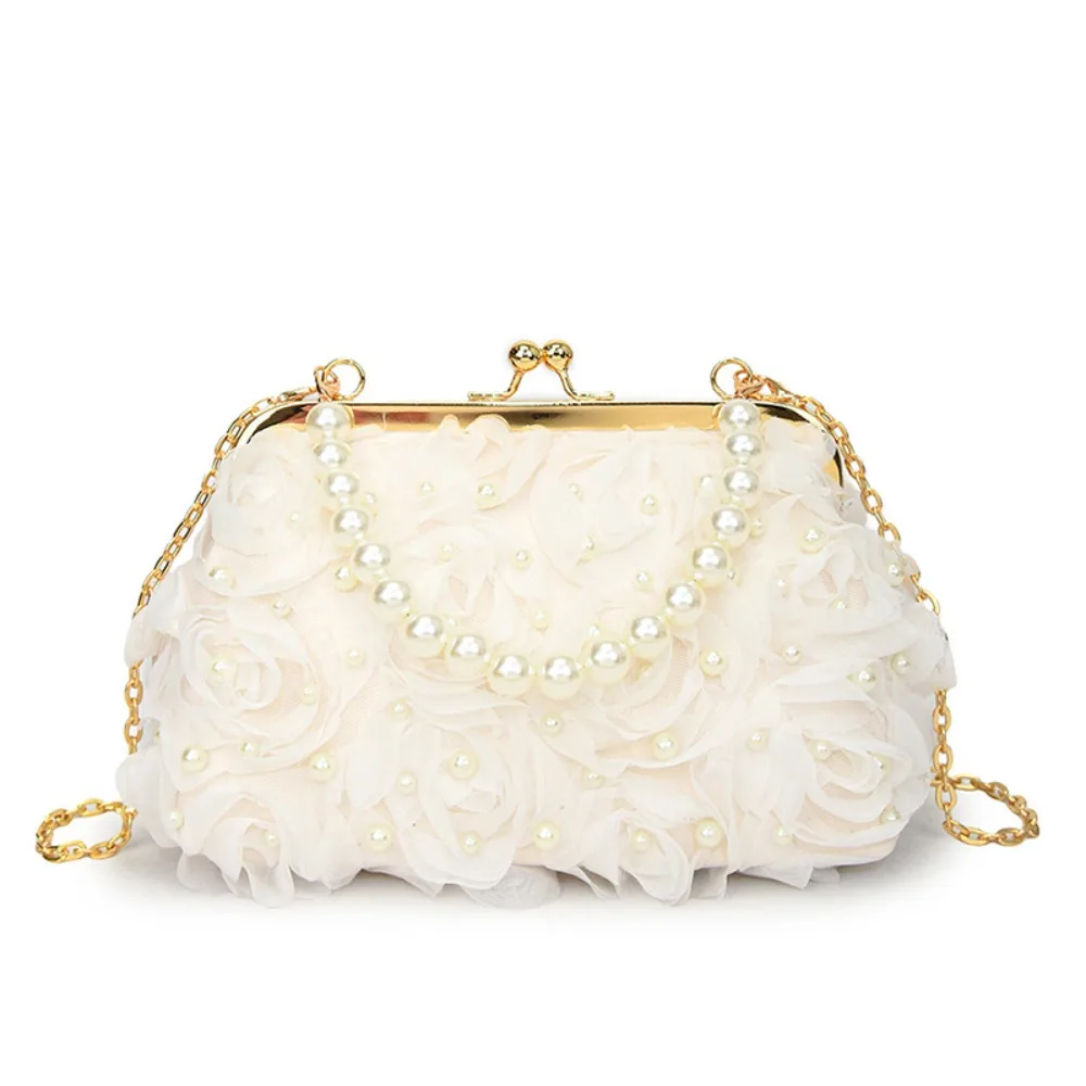 Bolso de Noche con Flores de Rosa, Cadena Metálica, Perlas, Bolso de Mano Elegante, Pequeño, Tipo Clutch, Bandolera