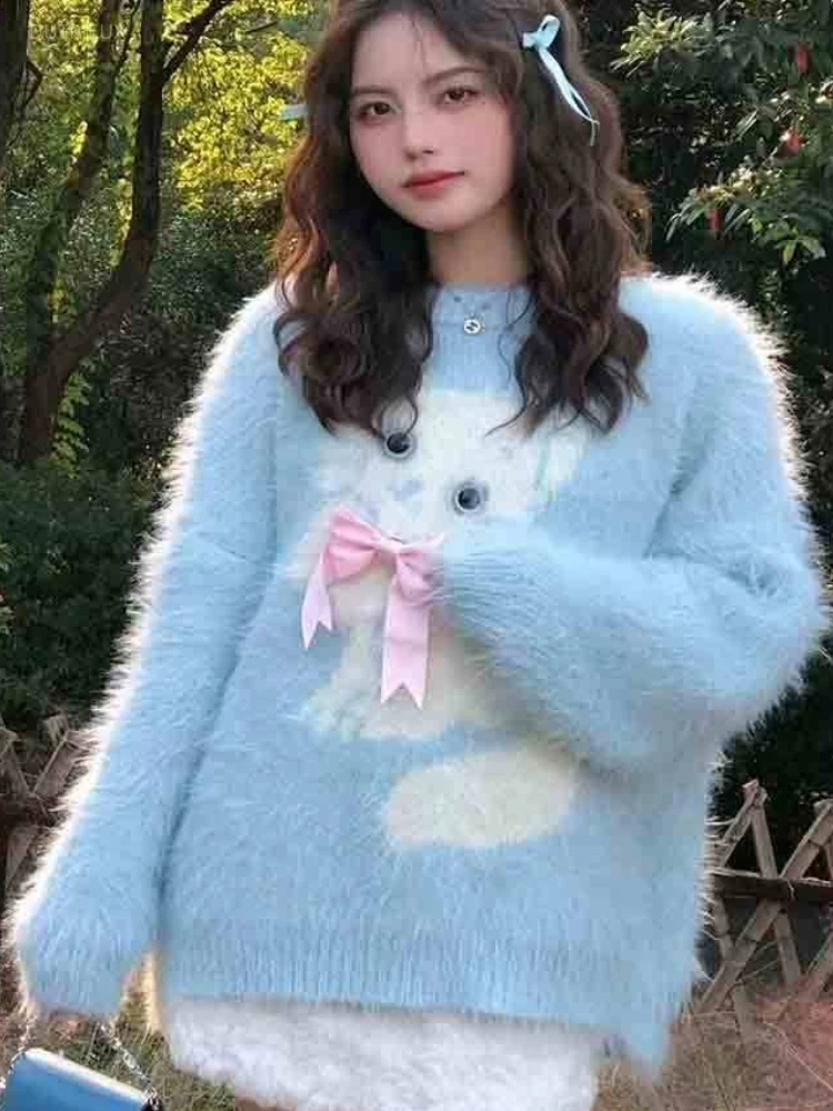 2025 Y2k Clothes Oversized Sweater For Women Sueter Mujer Dog Print Furry Knitted Pullovers Pull Femme Sweet Bow Cute Jumper