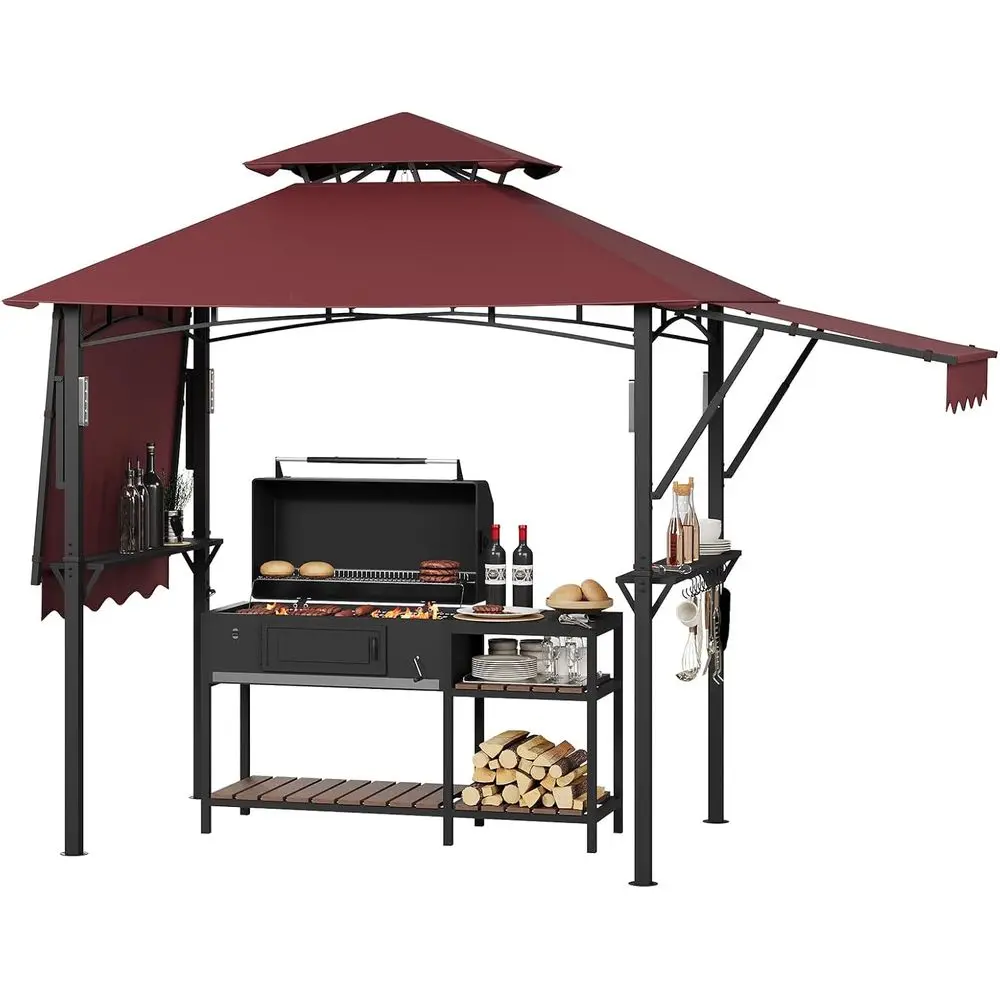 Double-Tier Outdoor BBQ Gazebo with Adjustable Awnings, Shelves, and Light Hook - Heavy Duty Steel for Backyard - Claret