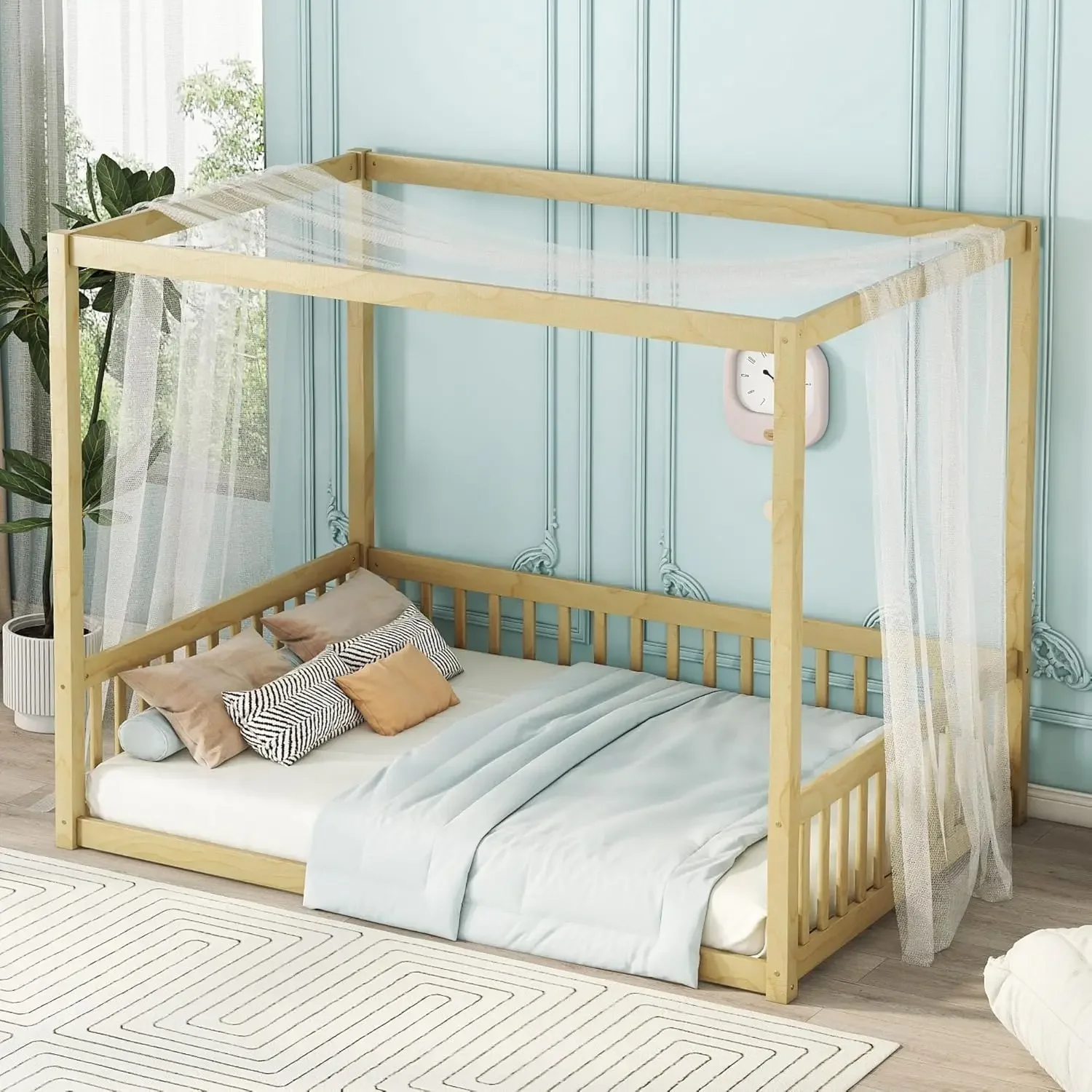 Dimensioni struttura letto a baldacchino con guide di protezione per bambini, letto da pavimento completo con design a quattro poster, letto da pavimento per bambini Montessori, letto a baldacchino in legno