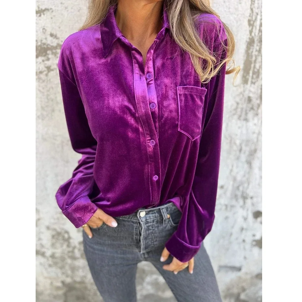 Camisas y blusas de terciopelo para otoño y primavera, Tops lisos de manga larga con una botonadura y bolsillo, camisas Vintage para mujer