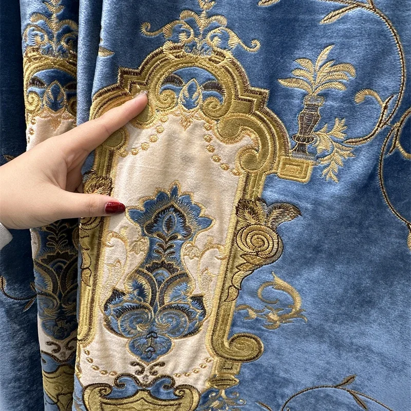 Blue High Quality Velvet Embroidered Blackout Villa Curtains for Living Room Bedroom European Luxury Decorative Valance Curtain