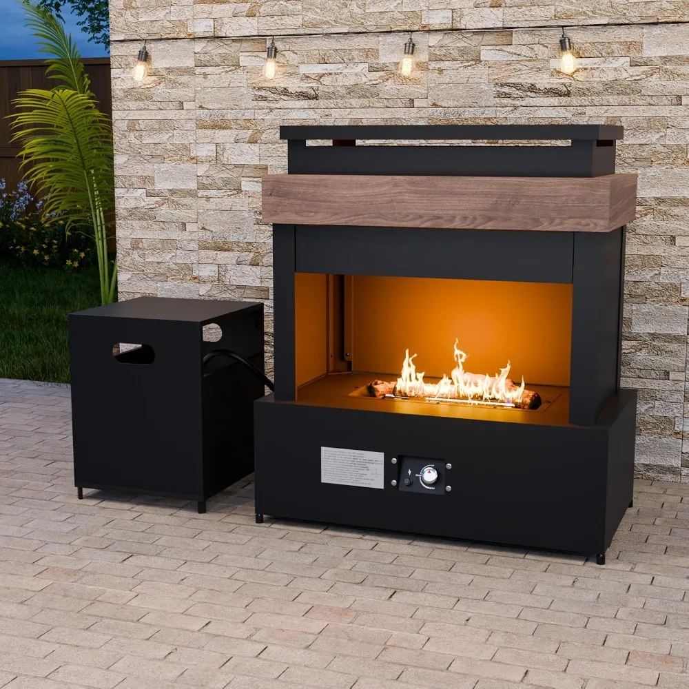 Outdoor Propane Gas Fire Pit 50000 BTU Tank Storage Smokeless Ceramic Log Chiminea Patio Heater 35.4x22x40.6 Gray Tan