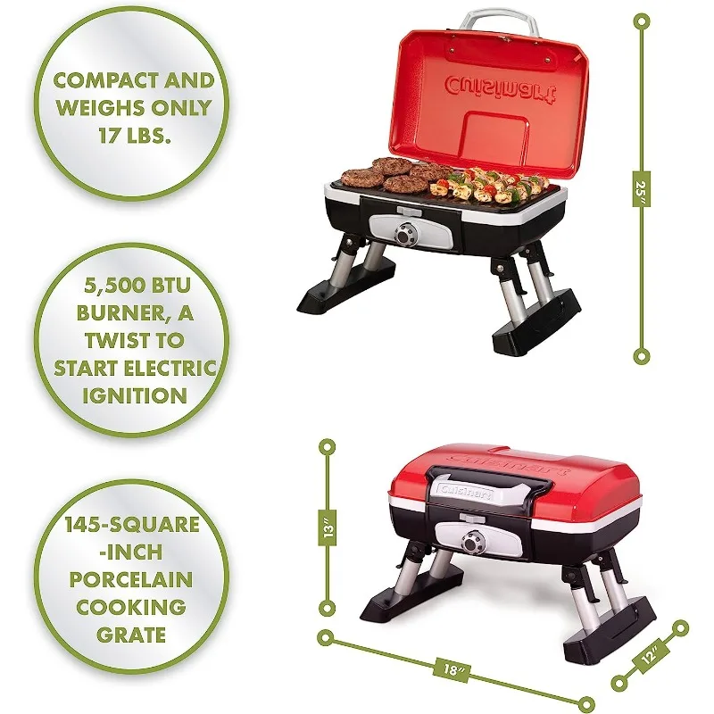 Cuisinart CGG-180T Petit Gourmet Portable Tabletop Propane Gas Grill, Red 17.6 x 18.6 x 11.8-Inch