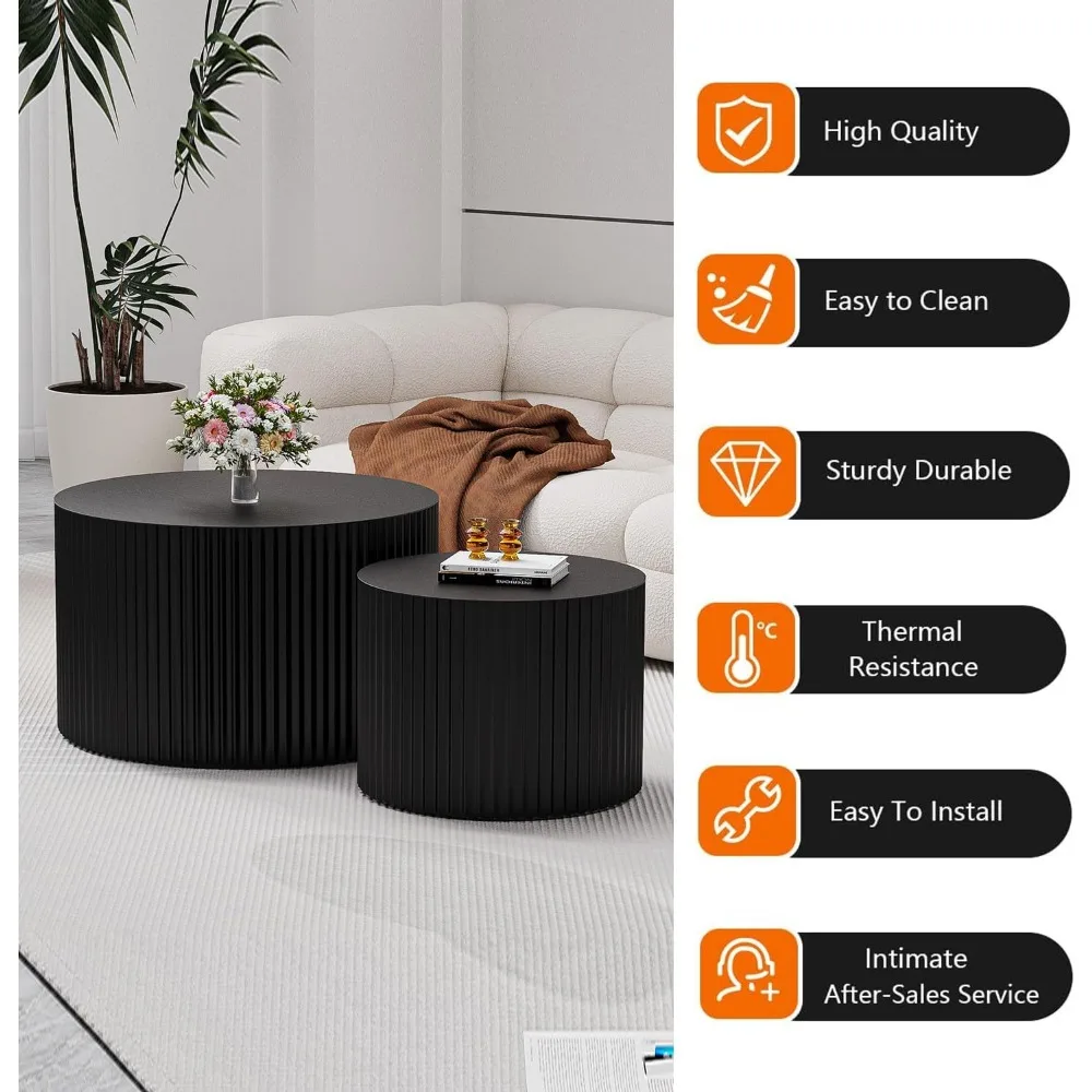 Modern Nesting Coffee Table Set - 2 Piece Wave Stripe Circular Living Room Furniture with Nested Coffee Tables