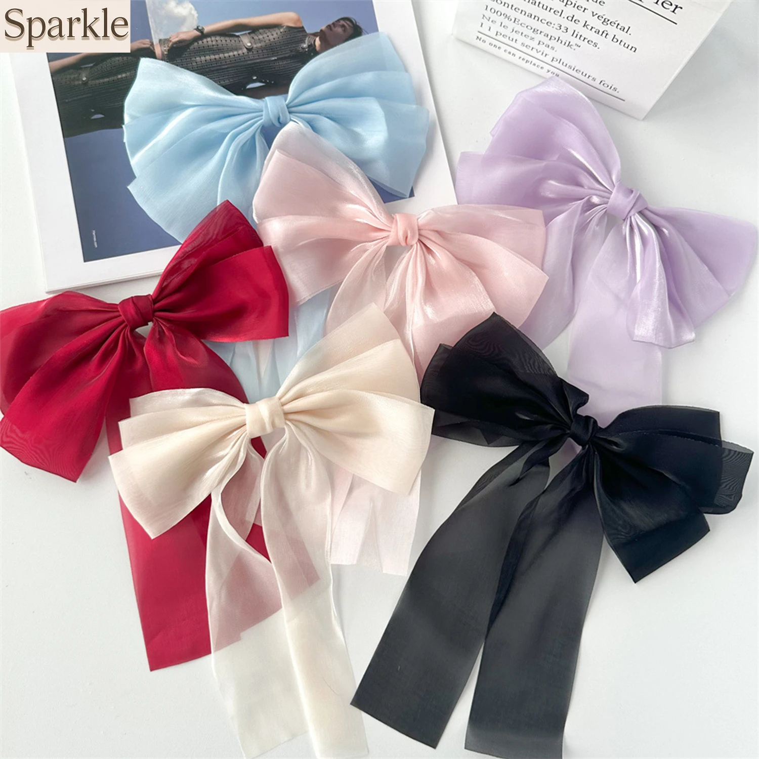 

Multi-Color Sheer Organza Large Bow Hair Clip with Long Ribbon Elegant Sweet Hairstyling Accessory for Women
