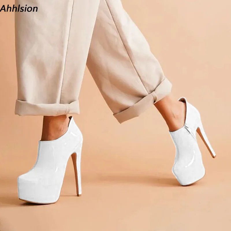 Ahhlsion Handmade Women Platform Pumps Sexy Stiletto Heels Round Toe Pretty White Apricot Casual Shoes Ladies US Plus Size 5-20