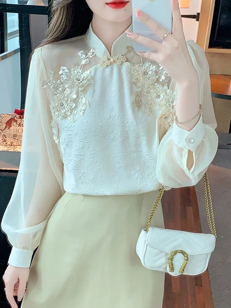 #2577 Chinese Style Vintage Blouse Femme Stand Collar Split Joint Chiffon Long Sleeve Blouse Women Sexy Thin Sequined Flower