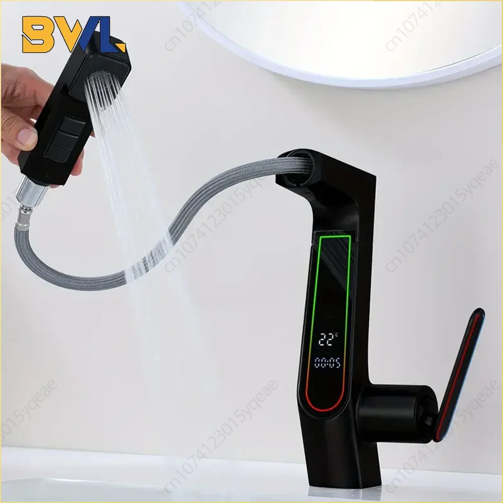 

LED Digital Display Basin Faucet 3 Patterns Pull-Out Faucet Bathroom Hot and Cold Water Faucet Kitchen Sink Faucet