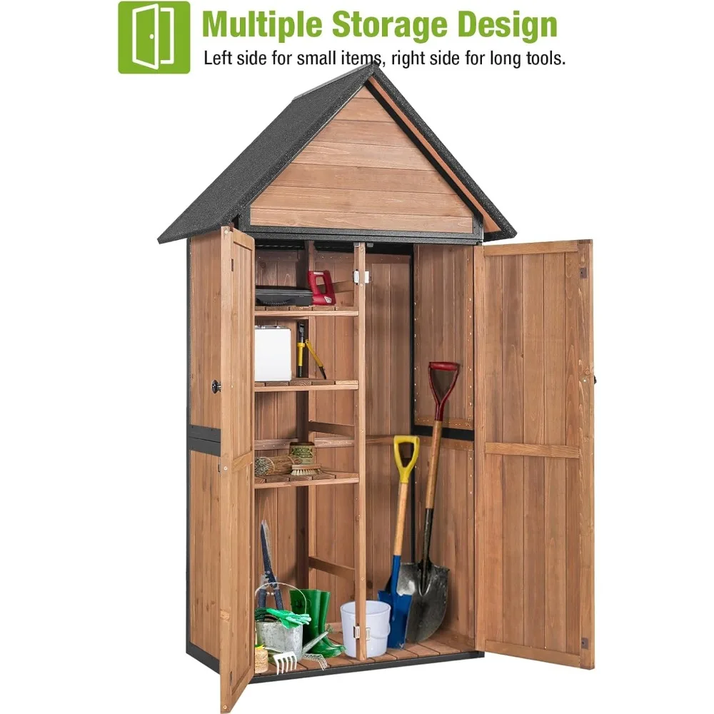 سقيفة تخزين خارجية، سقيفة أدوات حديقة خشبية مع إطار معدني، سقف منحدر وأرفف قابلة للتعديل مكونة من 3 طبقات، مخزن خارجي