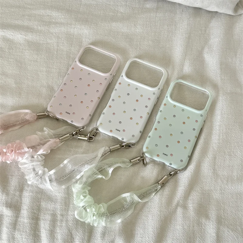 Pastel Multicolor Tiny Polka Dot Phone Case For iPhone 15 16 17 ProMax Glossy Cover With Sheer Ruffle Lace Wrist Strap For Girls