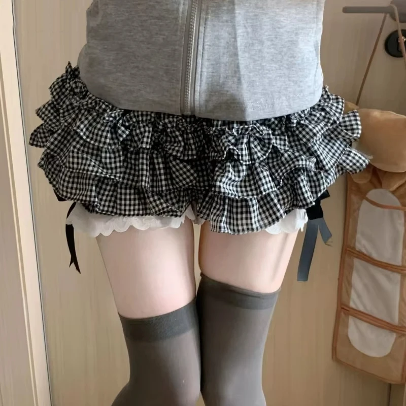 

Japanese Kawaii Mini Lace Patchwork Skirts Womens Jk Jupe Sweet Plaid Bow Skirt 2025 Y2k Aesthetic High Waist Ruffled Faldas