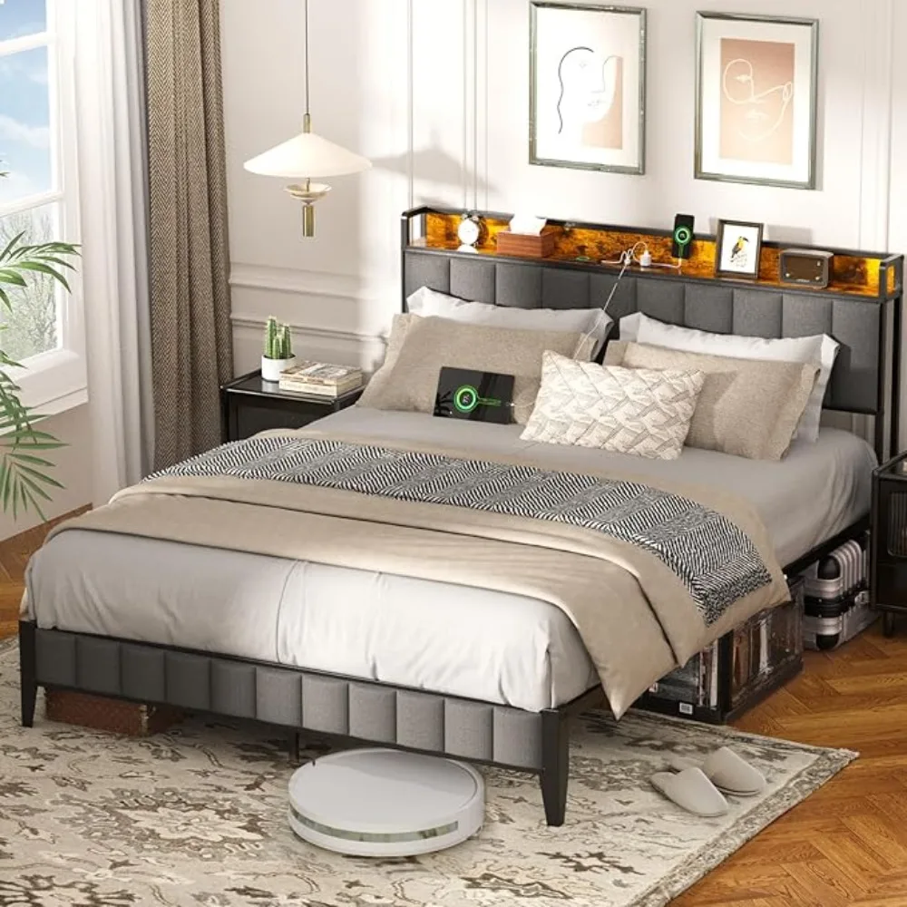 

Bed Frame, Storage Headboard w/USB Ports & Charging Station, No Box Spring Needed, Heavy Duty Metal Frame Support, Easy Assembly