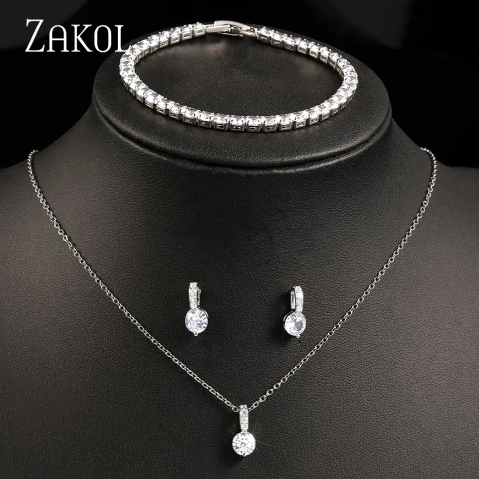 

ZAKOL 3pcs Minimalist Cubic Zirconia Necklace Earrings Bracelet Set Silver Color Tennis Chain Bride Wedding Party Jewelry Bijoux