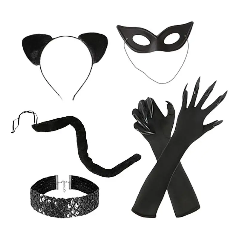 Halloween Catwomen Costume Set Cats Ear Headband Cats Claw Gloves Cats Tail Choker Necklace Black Cats Costume Accessory