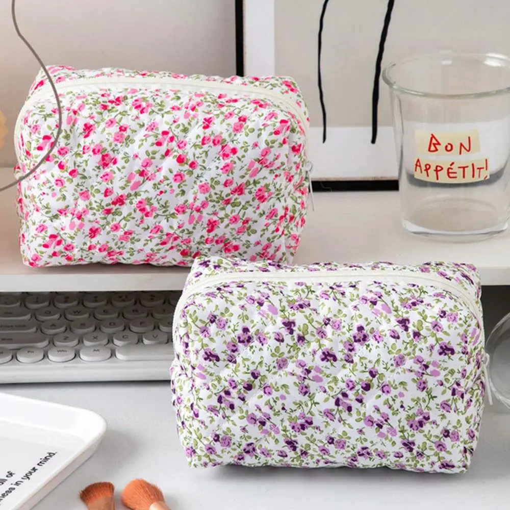 Bolsa de maquiagem com estampa floral de toque macio, grande capacidade, multifuncional, bolsa de higiene pessoal, armazenamento portátil, viagem em casa