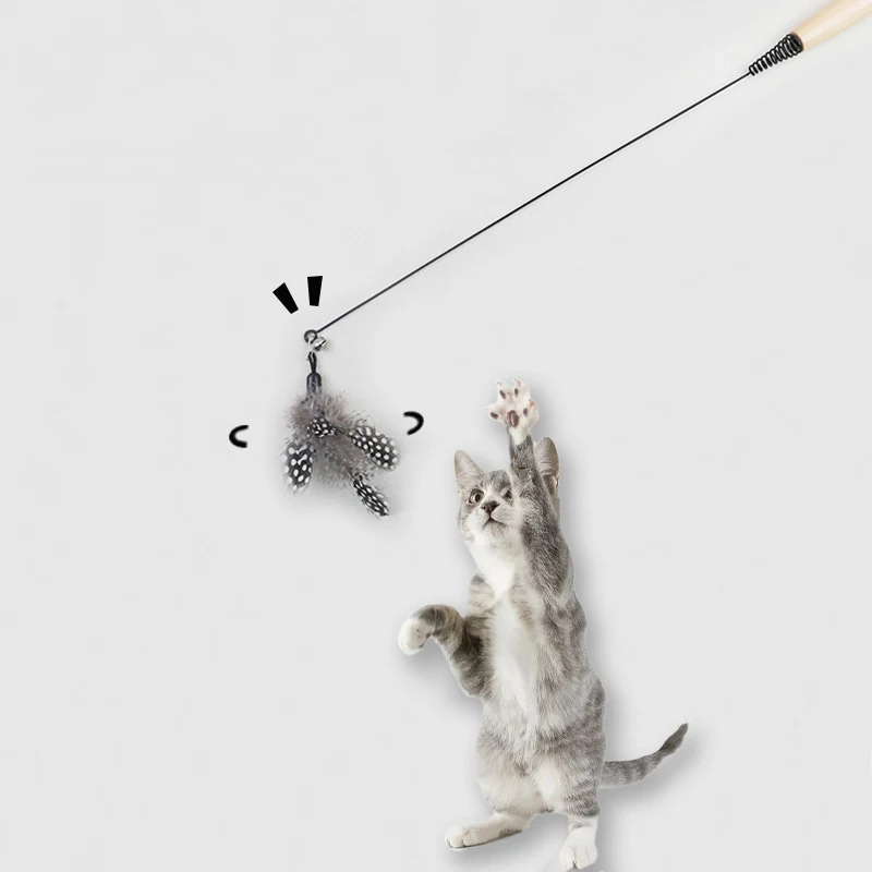 Wooden handle spring teasing cat stick pearl feather replacement head scratch-resistant cat toys to relieve boredom pet supplies
