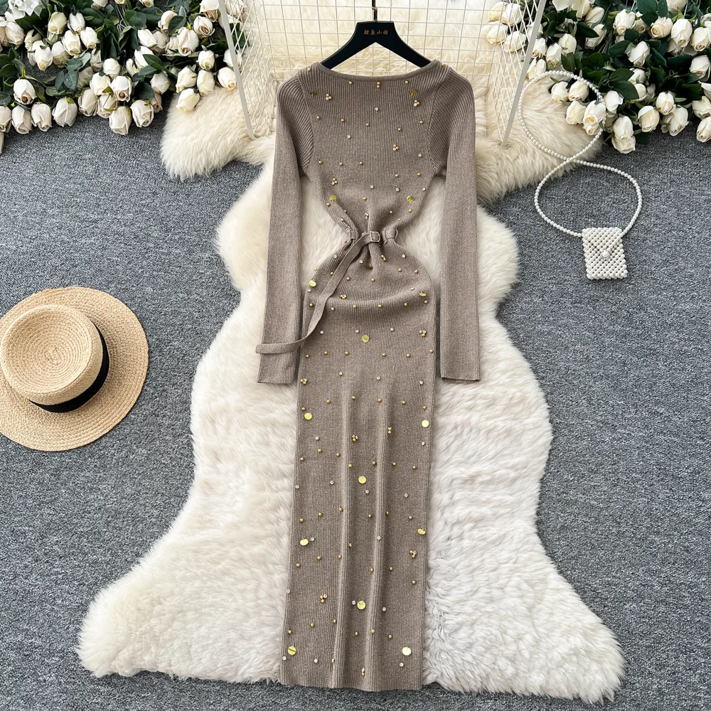 

Women Knitted Fitted Dresses A Line Solid Dress Beaded Belted Waist Ankle Lenth Long Sleeves Slim Fit Casual Elegant 2025 Autumn