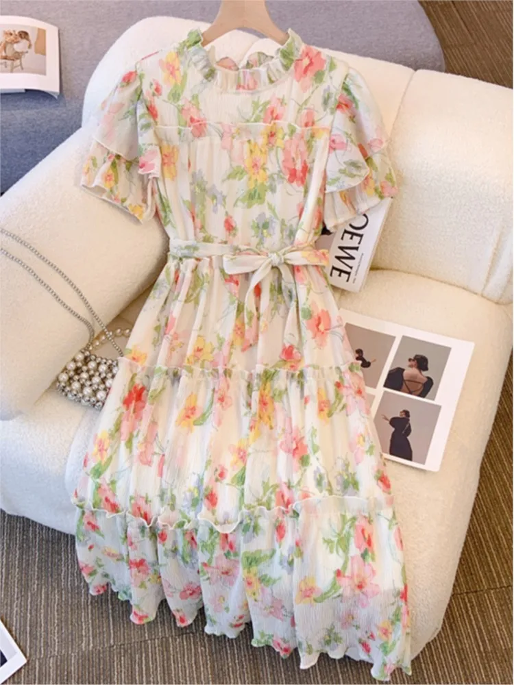 

Elegant Chiffon Party Dress For Women 2024 New Summer A-Line High Waist Midi Dress Sweet Korean Holiday Beach Dress S-5XL