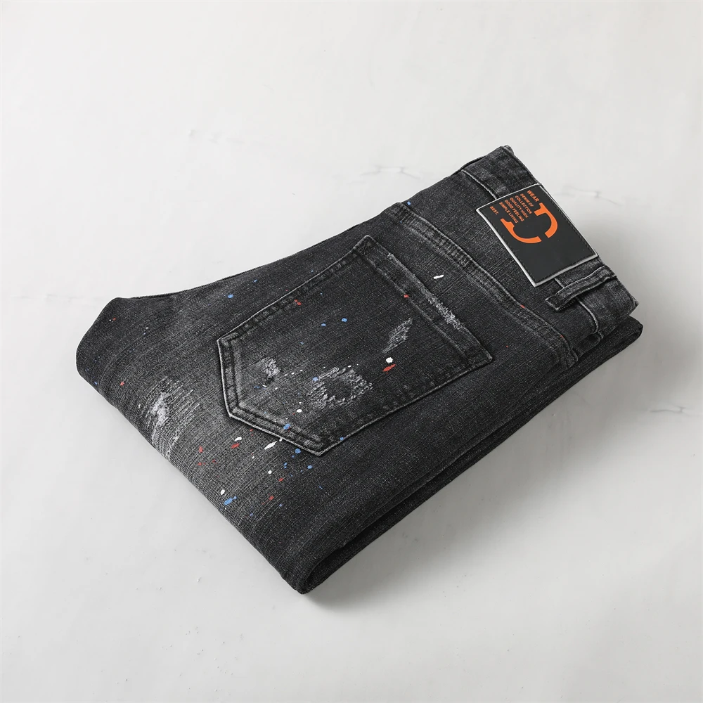 Newly Designer Fashion Men Jeans Retro Black Gray Elastic Stretch Skinny Ripped Jeans Painted Hip Hop Pants Men Vintage Trousers