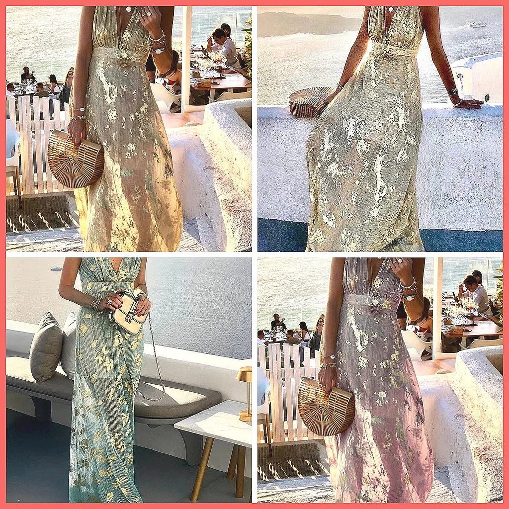 

Элегантное длинное платье с золотым принтом и вырезами, сексуальное платье с глубоким V-образным вырезом, без рукавов, в стиле бохо, для вечеринок (Модель: 78)