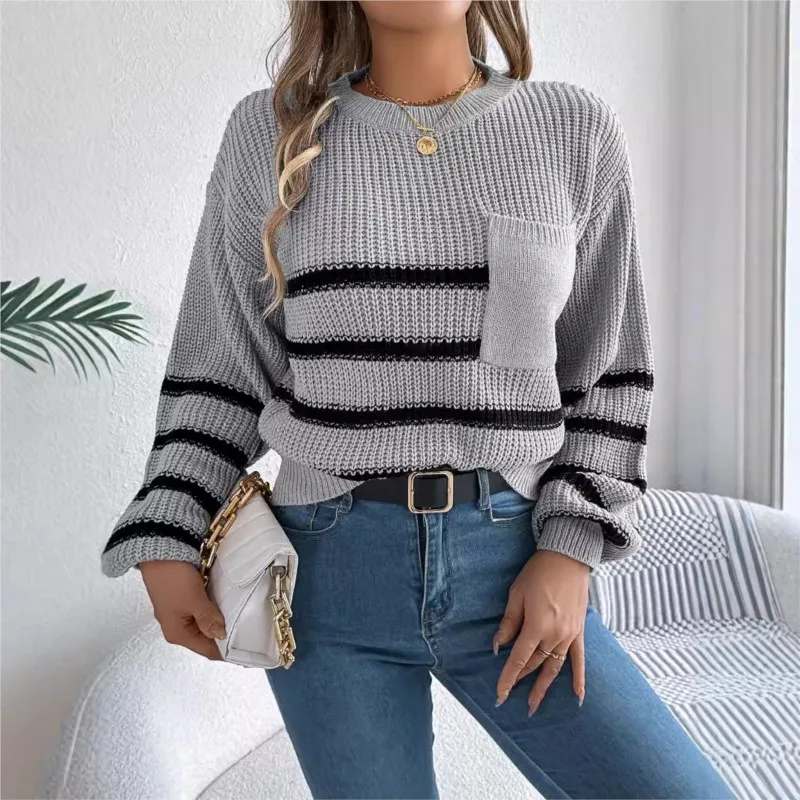 

Fashionable Women's Knitted Sweater 2024 Autumn/winter Casual Contrasting Striped Pocket Lantern Sleeve Pullover Sweater