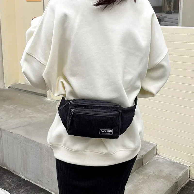 Corduroy Women\'s Waist Bag Small Canvas Ladies Casual Shoulder Crossbody Bags Fashion Fanny Pack Female Solid Color Chest Bag