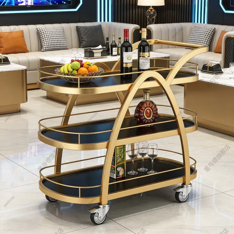 Modern Golden Metal Hotel Banquet Bar Cart Three-layer Rolling Beverage Service Cart Suitable for Restaurant Wedding Events