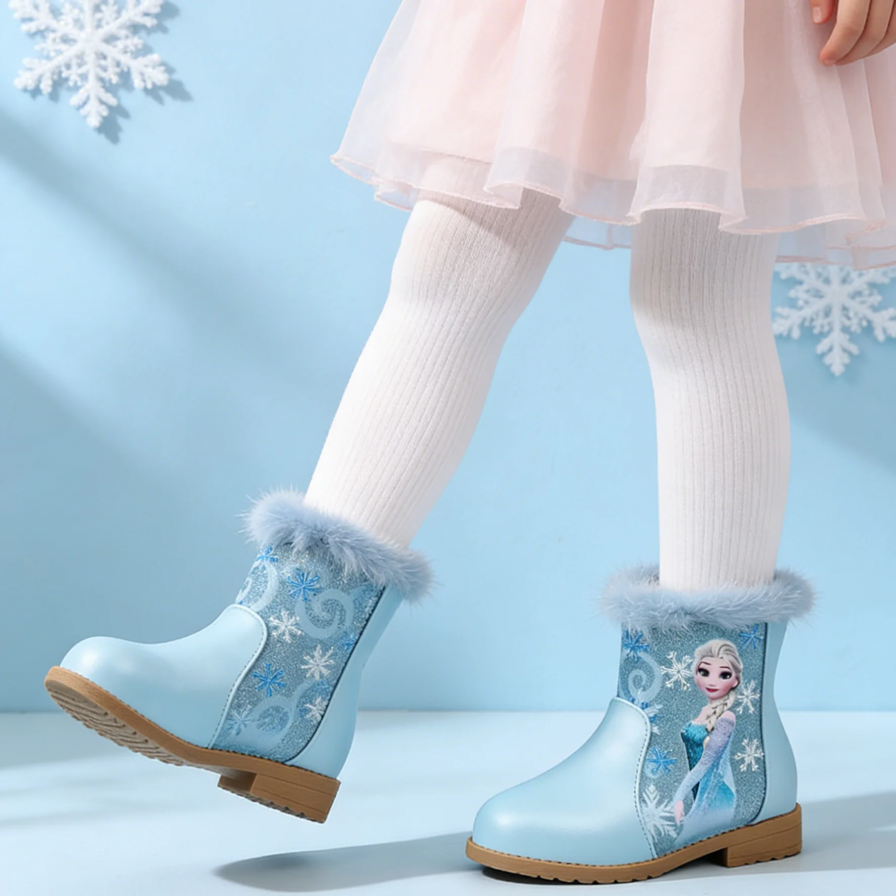 

Ботинки для девочек Disney, зимние модные ботинки с изображением принцессы Эльзы, детские короткие хлопковые ботинки с мехом для девочек, розовые туфли для девочек