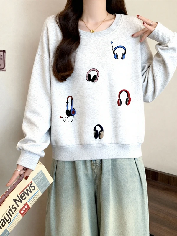 

Женская толстовка оверсайз с круглым вырезом и принтом, свободного кроя, весна 2026, для коррекции фигуры, удобная уличная одежда