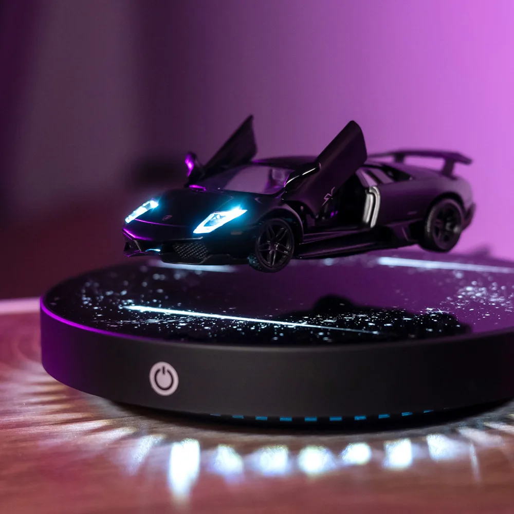 Carro magnético flutuante fundido, luzes led deslumbrantes, escala 1:36, ornamento de mesa, modelo de carro, brinquedo de levitação magnética deslumbrante