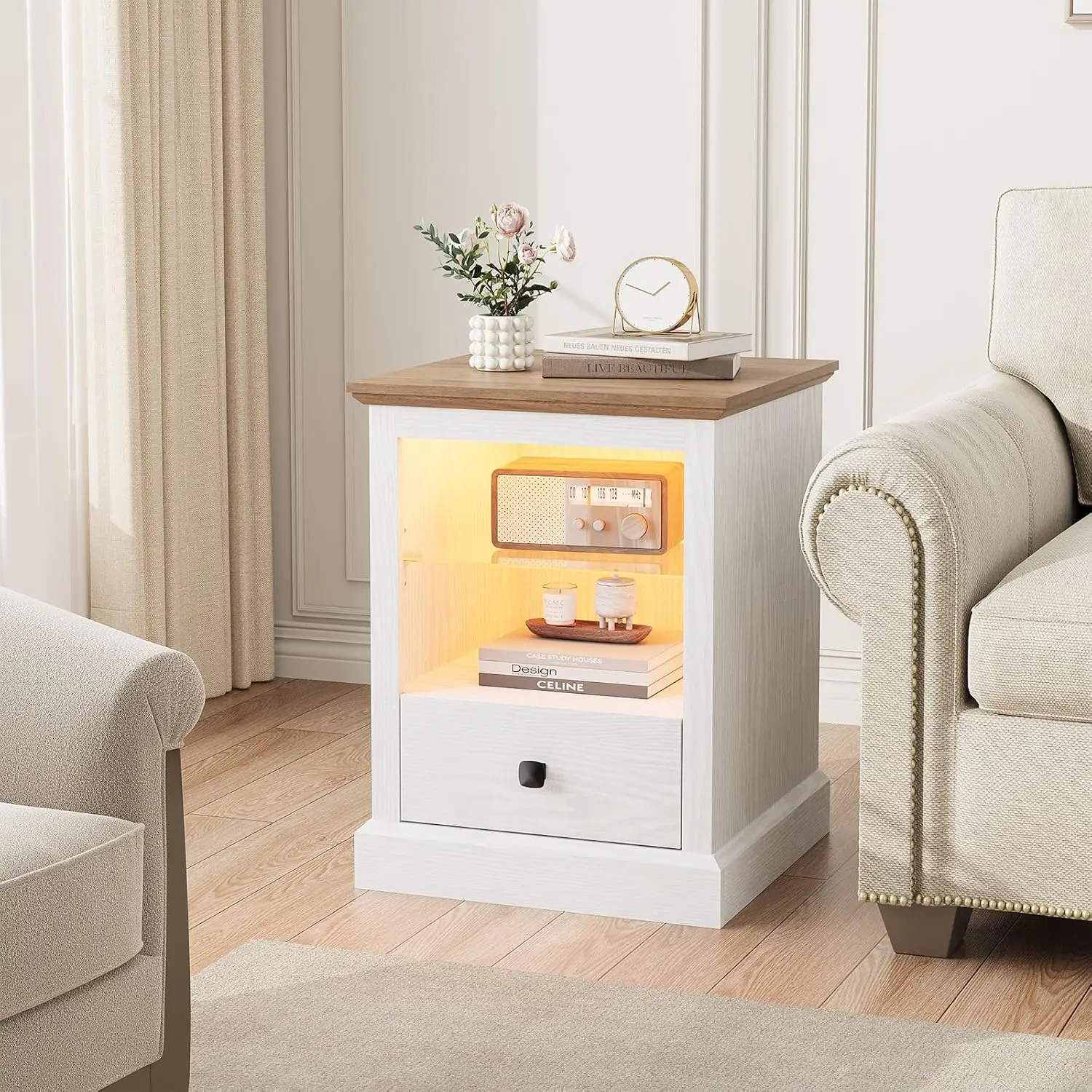 LED Lighted Charging Station Nightstand Set of 2, Modern End Tables with Adjustable Shelves, Storage Drawers, White Finish