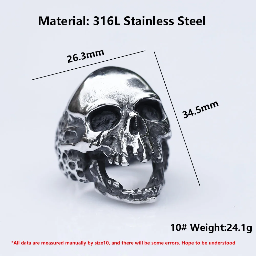 2022 NEW Men\'s 316L stainless-steel rings Large fierce Skull Vintage ring for teens gothic punk Biker Jewelry Gift free shipping