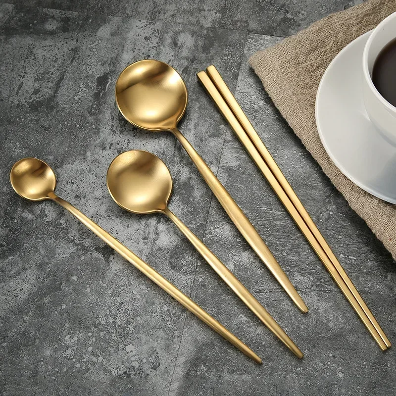 Matte Gold 18/10 Stainless Steel Luxury Cutlery Dinnerware Tableware Knife Spoon Fork Chopsticks Flatware Set Dishwasher Safe