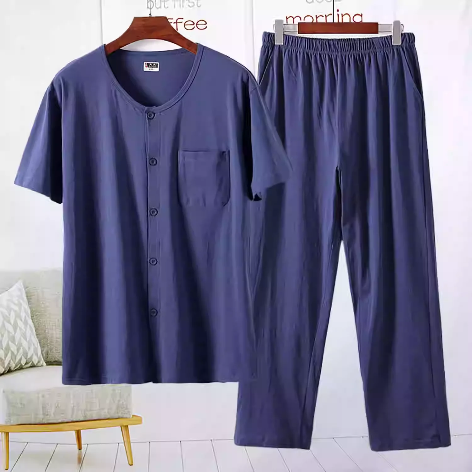 

Men's pajamas Short sleeve Trousers Sleepwear cotton Simplicity Summer thin Middle-aged Father man wear Pajama set