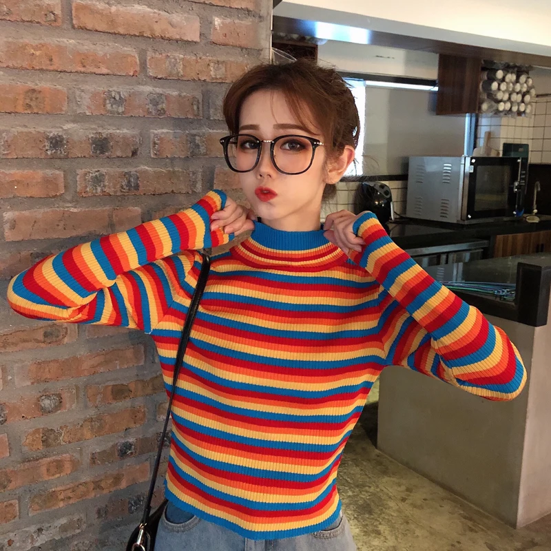 Winter Rainbow Knitted Women Sweaters And Long Sleeve Turtleneck Casual Pullovers Sueter Mujer Tops Korean Striped Acrylic Jumpe