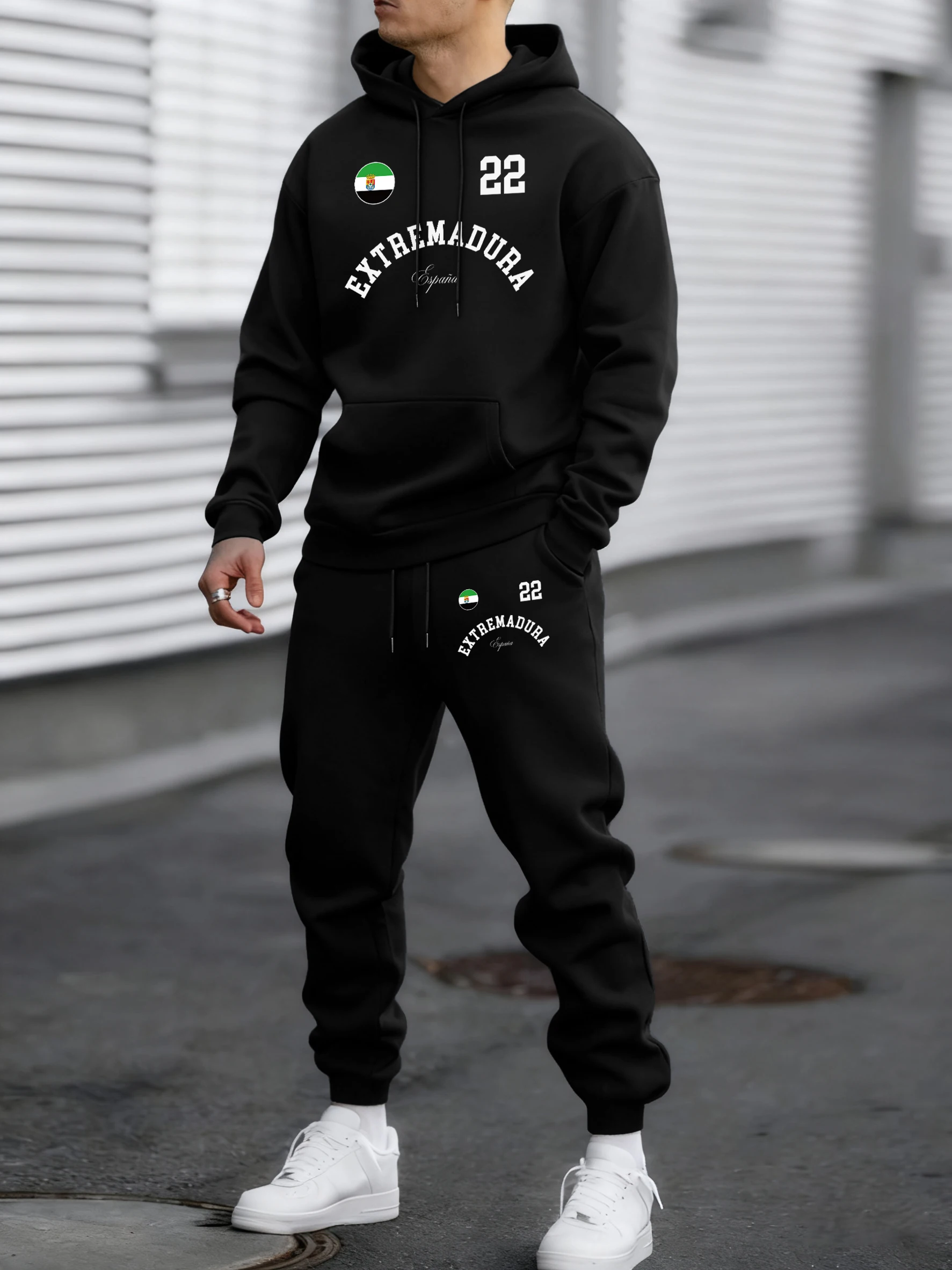 Conjunto de 2 piezas de sudadera y pantalón deportivo unisex con estampado de la bandera de Extremadura, España, para otoño e invierno, de forro polar, cómodo para correr y estilo urbano.