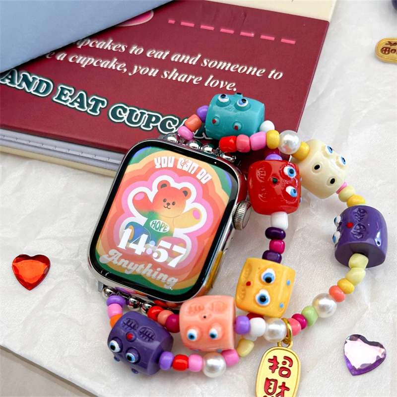 Lovely Cartoon Monster Bead Strap For Apple Watch 9 8 7 6 5 4 3 2 SE Ultra Cute Elastic Band For iWatch 41mm 49 45 42 40 38mm