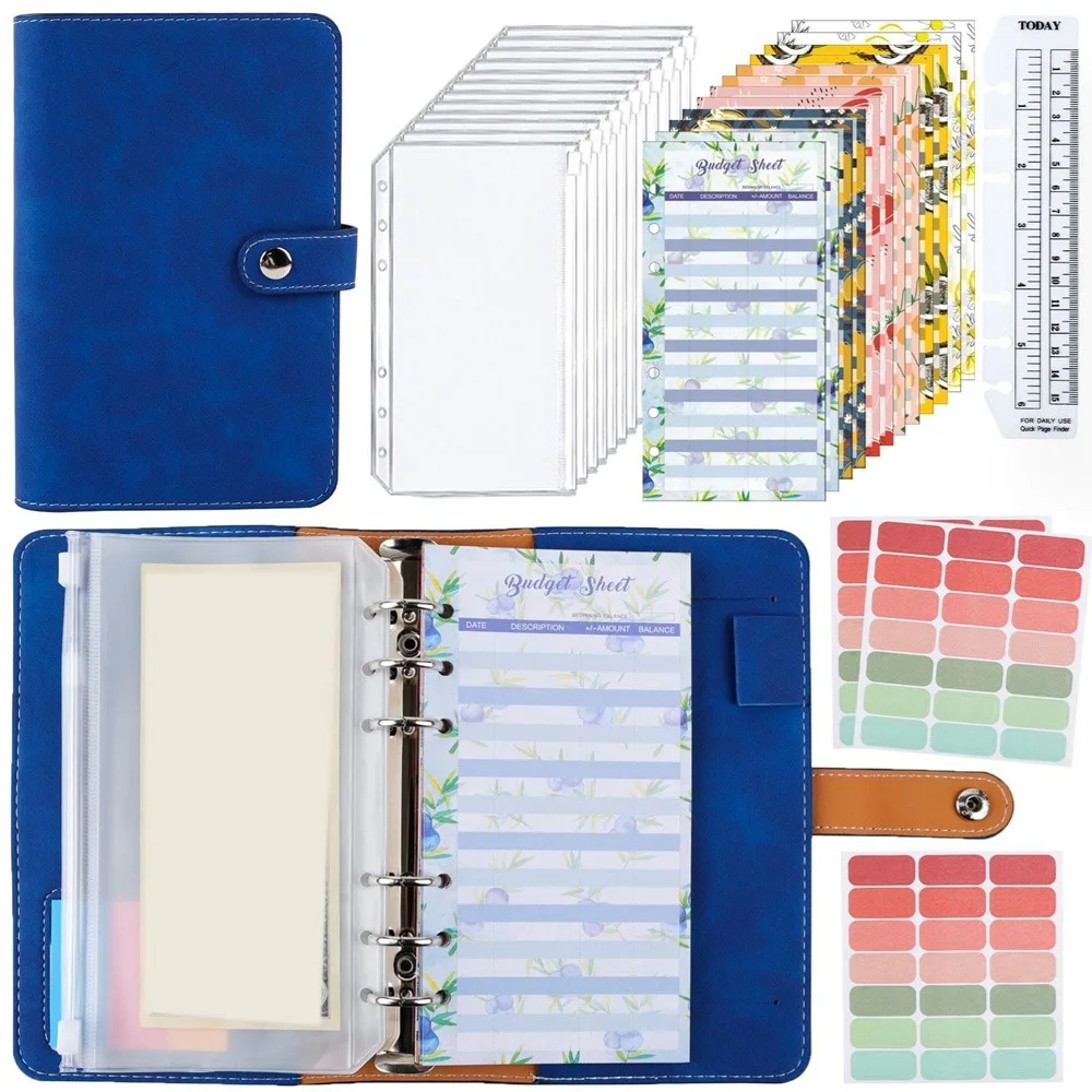 PU A6 Soft Budget Binder Planner 6 Hole Binder Pockets Colorful Notebook Binder with 12pcs A6 Binder Pockets Savings Money