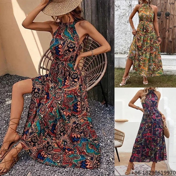 Summer Casual Woven Women Halter Neck Sleeveless Printed Maxi Dress Waist Tie Boho Irregular Hem Beach Vacation