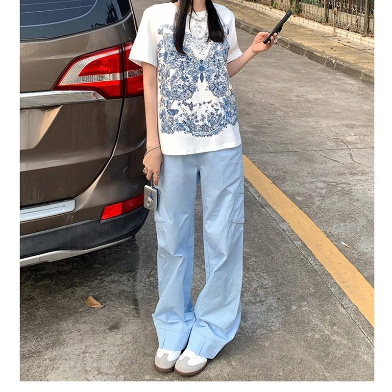 T Shirts Woman Summer 2024 Blue Butterfly Print Front Female Clothing Y2K EMO Clothes Fashion Trend Youth Girl’s Blouses Tops