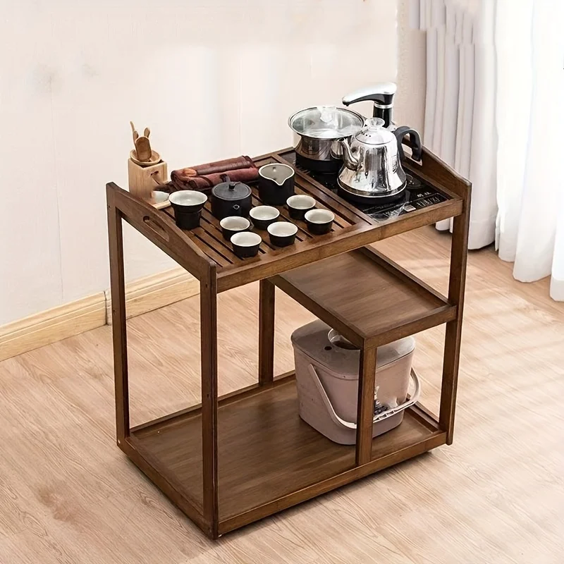

New Chinese-style Bamboo Tea Table and Cart, Integrated Tea Tray and Coffee Table, Living Room Mobile Tea Brewing Station,