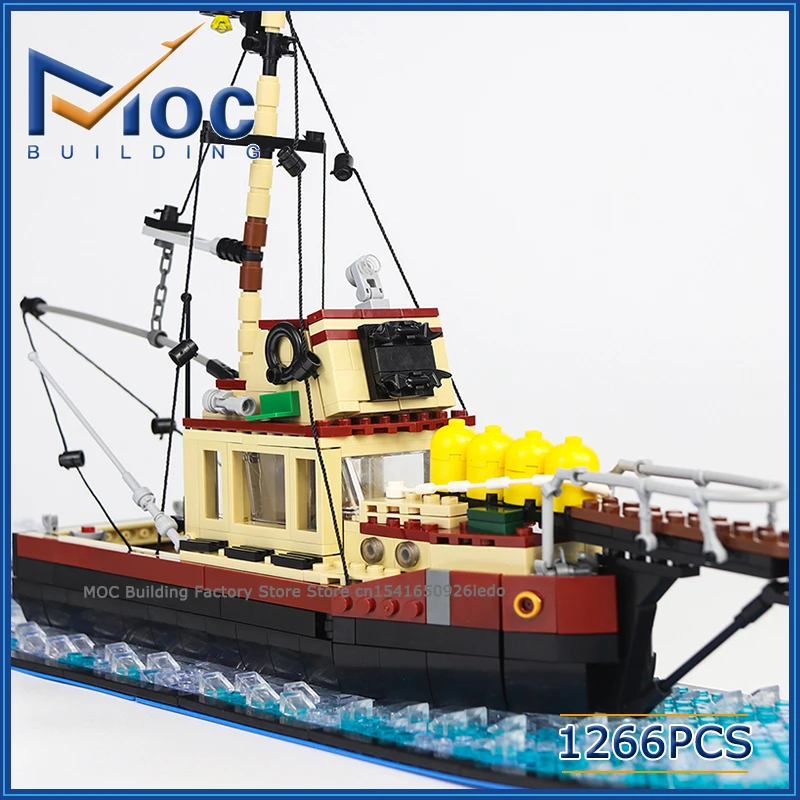 

Строительные блоки MOC, креативная модель рыбацкой лодки с большой белой акулой, сделай сам, сборочная технология, коллекция кирпичей, демонстрационные игрушки, подарки