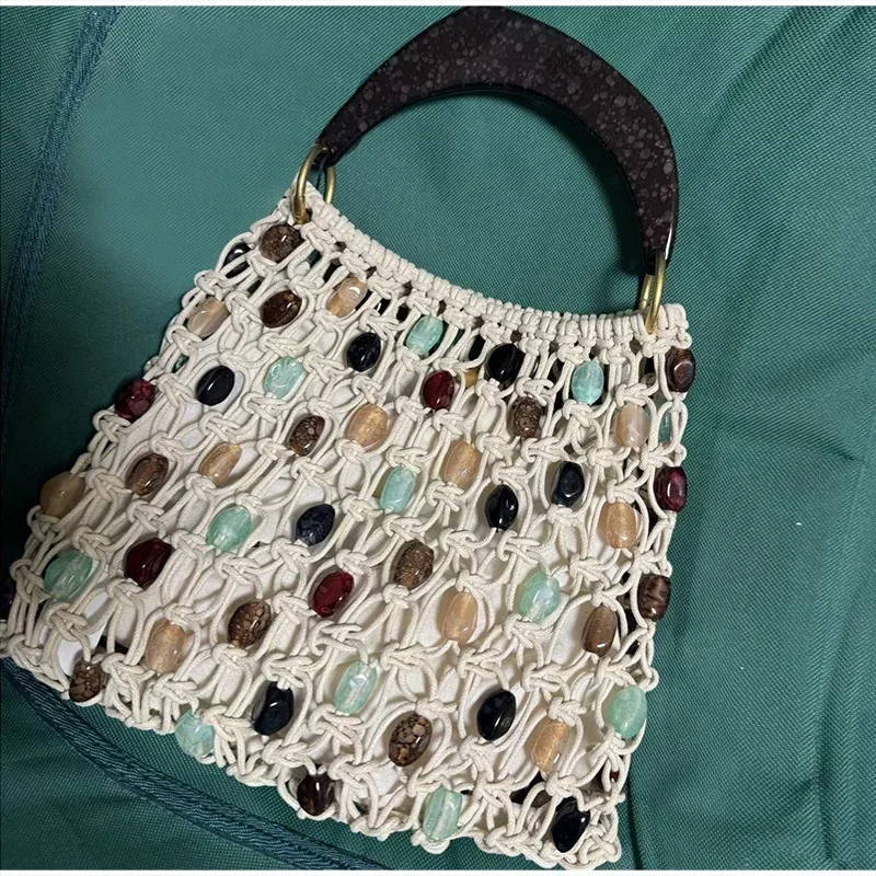 Vintage Handgefertigte Perlen-Handtasche Nischen-Designer Luxus Ausgehöhlte Bucket Bag Neue Sommer Damen Strand-Urlaubstasche – Detail 4