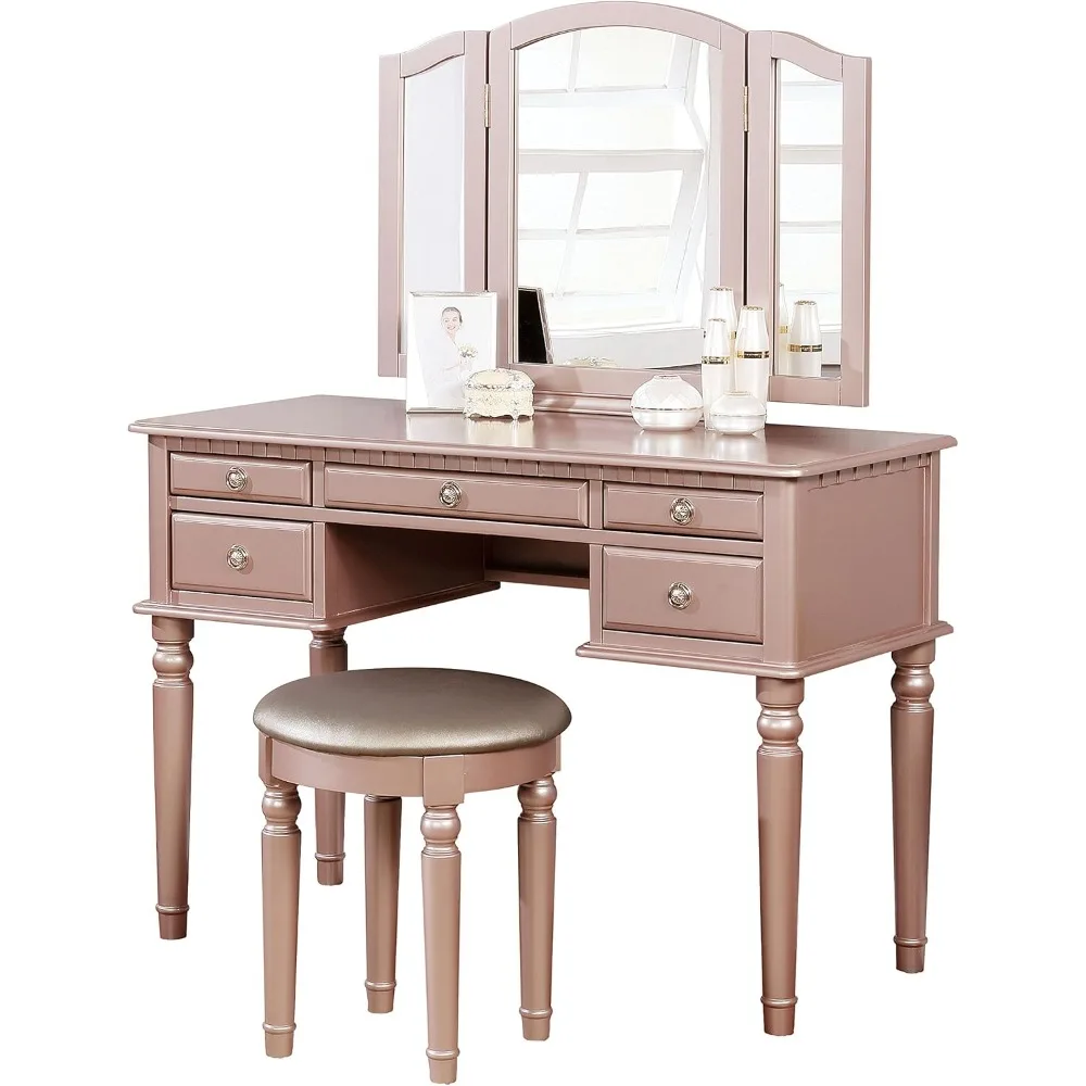 Croix Collection Vanity Set With Stool, Rose Gold